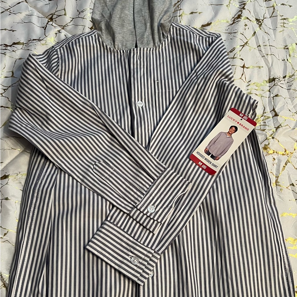 Lucky Brand Gray and White Striped Button Down Shirt